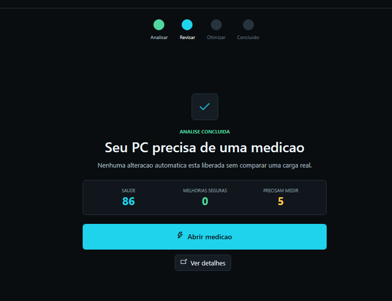 TIPS35 v4 Autopilot mostrando análise concluída, saúde do PC e medições pendentes